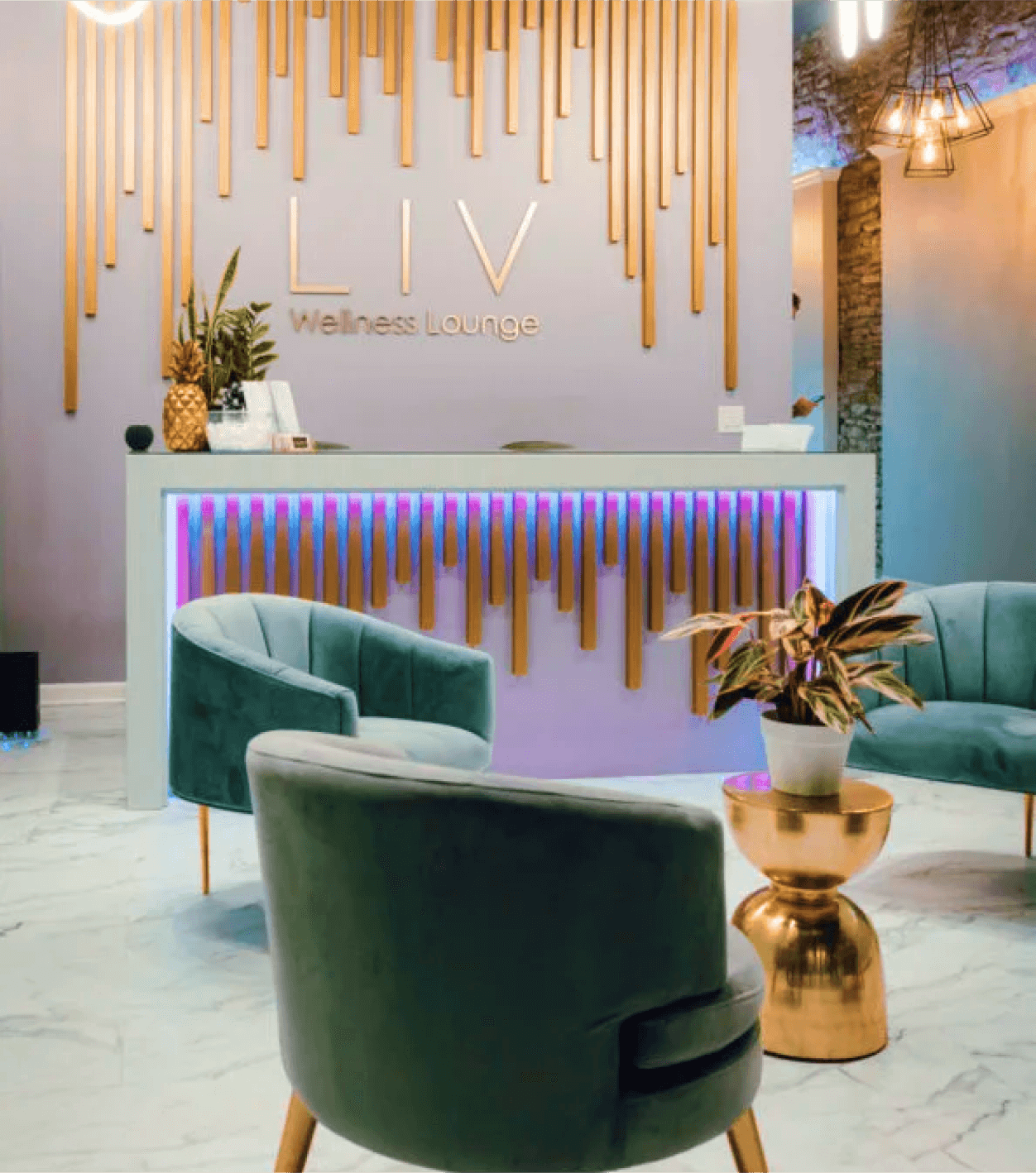 The interior of a modern wellness lounge with a reception desk, comfortable chairs, and decorative elements.