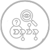 A magnifying glass with an eye inside, pointing towards a series of connected circles with question marks, symbolizing investigation, analysis, or problem-solving.